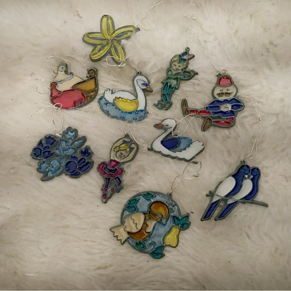 Vintage Stained Glass Metal 70s Christmas Ornaments, Set of 10
